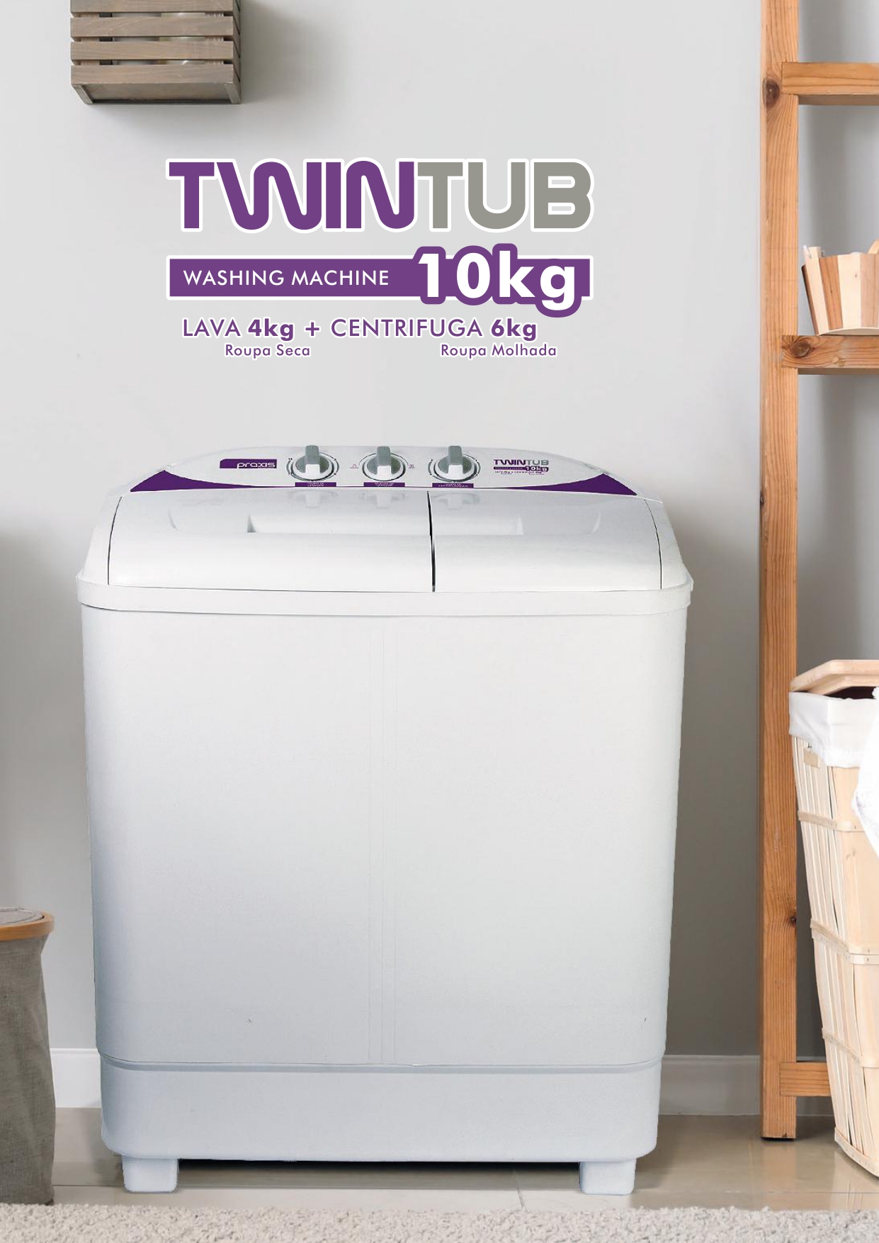 A TWINTUB é feita com tecnologia de ponta para oferecer um mundo de benefícios para você. Uma máquina de lavar moderna e versátil para se adaptar ao seu estilo, seja ele qual for.  Modelo do Produto: Máquina de Lavar Roupas Twin Tub  Capacidade: 10Kg Altura: 74 cm Largura: 93 cm Profundidade: 41 cm Marca: Praxis Eletrodomésticos  Itens Inclusos: Maquina de Lavar, uma mangueira de entrada, um manual, um guia de autorizadas e uma tampa de pressão da centrifuga. Garantia: 1 ano Descrição: Essa Lavadora é a única que lava e centrifuga simultaneamente. Uma maravilha da Praxis para sua casa. A Twin Tub é feita com tecnologia de ponta para oferecer um mundo de benefícios para você. Uma máquina de lavar moderna e versátil para se adaptar ao seu estilo, seja ele qual for. Possui dois compartimentos, sendo um para lavagem, outro para centrifugação que podem funcionar separados ou simultaneamente. Ela lava até 4 kg e centrifuga até 6 kg. Possui painel mecânico e abertura superior, seu ciclo de lavagem tem 36 minutos de ciclo básico, porém é possível personalizar a lavagem de acordo com o tipo, quantidade de roupas e hábito do consumidor. É possível retirar algumas roupas, passar para a centrífuga e, enquanto parte das roupas é centrifugada, pode-se adicionar mais roupas no compartimento de lavagem, otimizando o tempo e aproveitando a água e o sabão. O sistema de lavagem é através de turbilhonamento com inversão da rotação do batedor, o que proporciona maior contato da roupa com o sabão, tornando a lavagem muito mais eficiente. Tecnologia inovadora, feita para o consumidor moderno, e permite personalização da lavagem. Projetada para a máxima eficiência, 26% mais eficiente que a média do mercado, segundo o Inmetro. Com ciclo menor que reduz o consumo de água, sabão e energia. Nota A no Procel. De acordo com as novas normas brasileiras para plugs e tomadas elétricas; Design elegante e atraente. Perfeita para pequenos espaços. Seletor que permite escolher entre roupas normais e delicadas. Alças que facilitam o transporte. Função drenar: permite o escoamento da água quando o consumidor desejar. Embalagem totalmente biodegradável e fácil de retirar. Produzidas com tecnologia de ponta, testadas uma a uma.