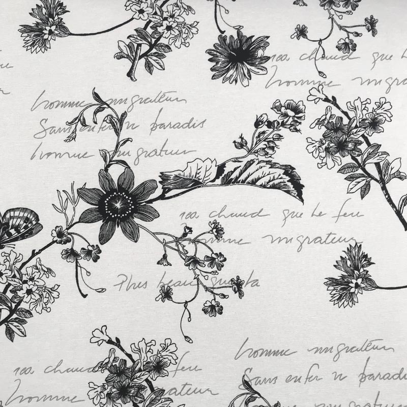 Tecido Gorgurão - Flores e Frases preto fundo branco - 50cm x 140cm