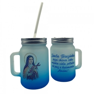 Caneca Religiosa Santa Terezinha com Tampa e Canudo Vidro Azul