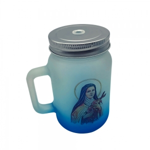 Caneca Religiosa Santa Terezinha com Tampa e Canudo Vidro Azul