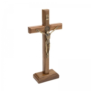 Crucifixo De Mesa E Parede Com Medalha De São Bento Dourado 19 Cm