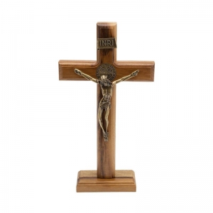 Crucifixo De Mesa E Parede Madeira Metal São Bento Ouro Velho 26 Cm