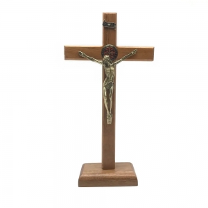 Crucifixo De Mesa São Bento Madeira Clara 23 Cm