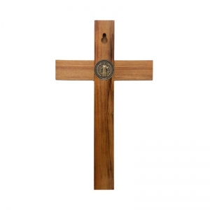 Crucifixo De Parede Madeira São Bento Metal Ouro Velho 26 Cm