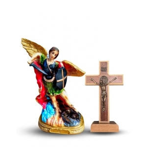 Kit Imagem São Miguel Arcanjo 20 cm e Crucifixo Medalha de São Bento
