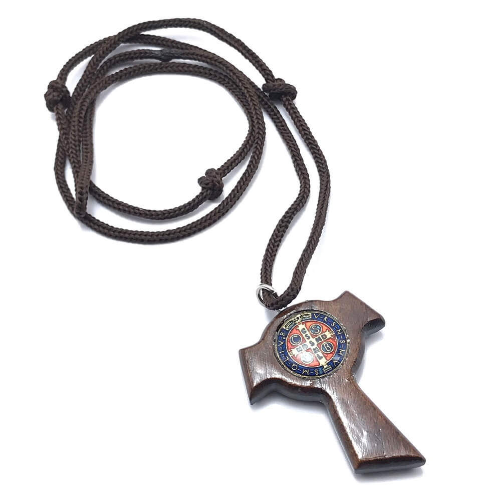 Colar Tau Eucarístico Franciscano Medalha de São Bento Madeira