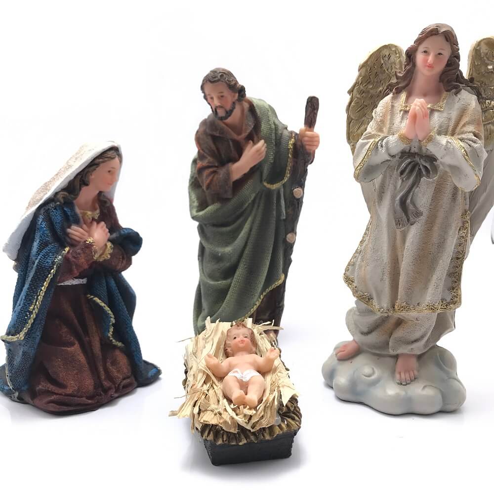Presépio de Natal Sagrada Família com Anjo Resina 4 Peças