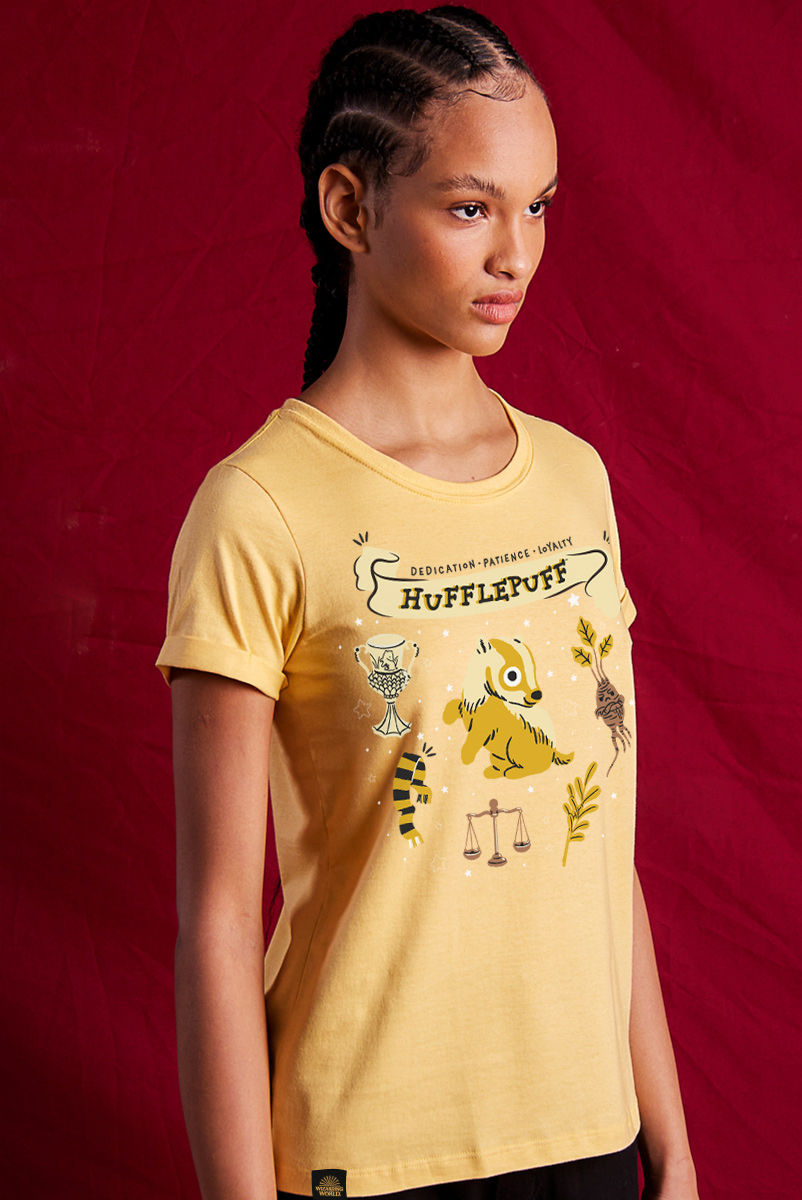 Camiseta Feminina Harry Potter Ícones Lufa - Lufa - Amarelo Pastel