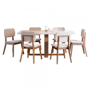 Mesa de Jantar Retangular com Vidro Wood e 6 Cadeiras Class Off White/Nature 160x90