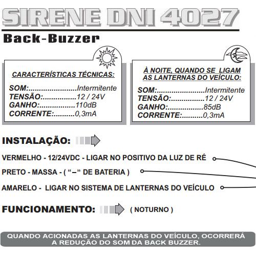 Sirene Dni 4027 Marcha ré 12 24V Bivolt  - AutoParts Online