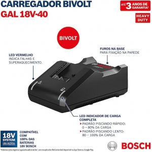 Carregador 1600A028TY000 GAL 18v40 para baterias 14.4v e 18v BOSCH