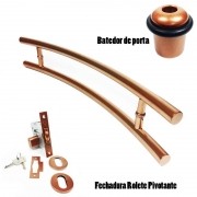 KIT Puxador Porta (SOLARES) Aço Inox cobre acetinado + fechadura rolete pivotante cobre acetinado + Batedor/amortecedor porta cobre acetinado