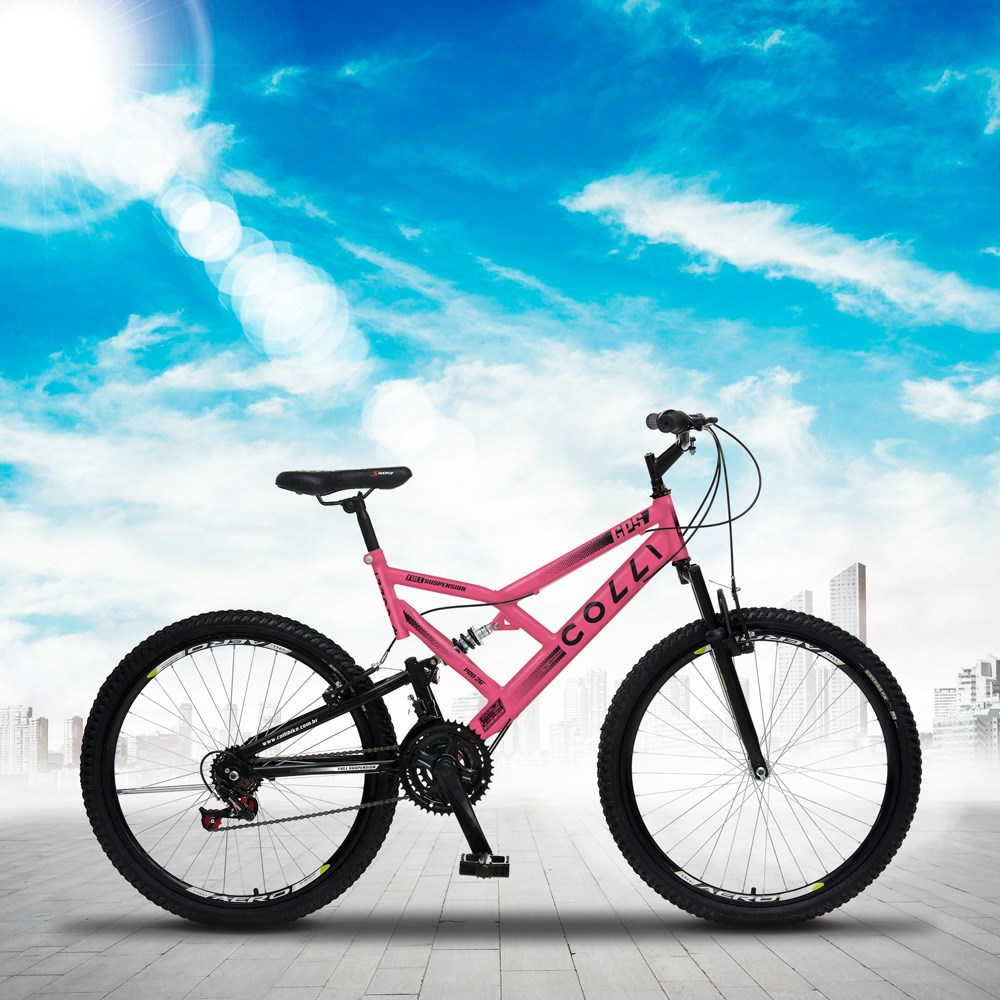 Bicicleta GPS Aro 26 Aço 21 Marchas Dupla Suspensão Freio V-Brake Rosa Neon - Colli Bike