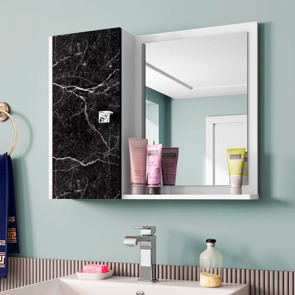 Espelheira Para Banheiro Com Armário 1 Porta Gênova Branco/Nero - Bechara