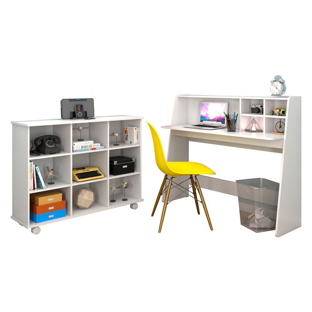 Mesa Escrivaninha Desktop PC Idealle C12 Nicho Multiuso Toys Branco e Cadeira Charles Amarela - Mpozenato