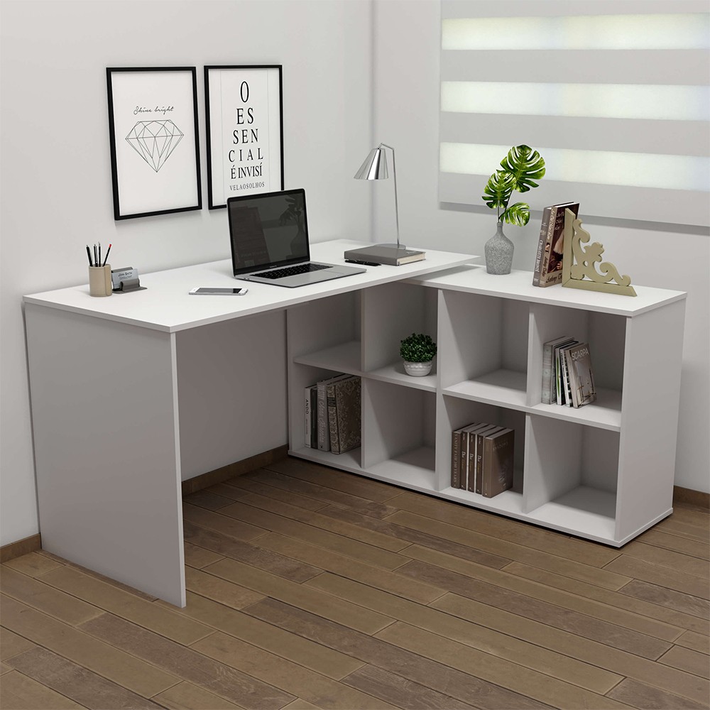 Mesa Escrivaninha em L Eron e Balcão 60cm 2 Portas Look A06 Branco - Mpozenato