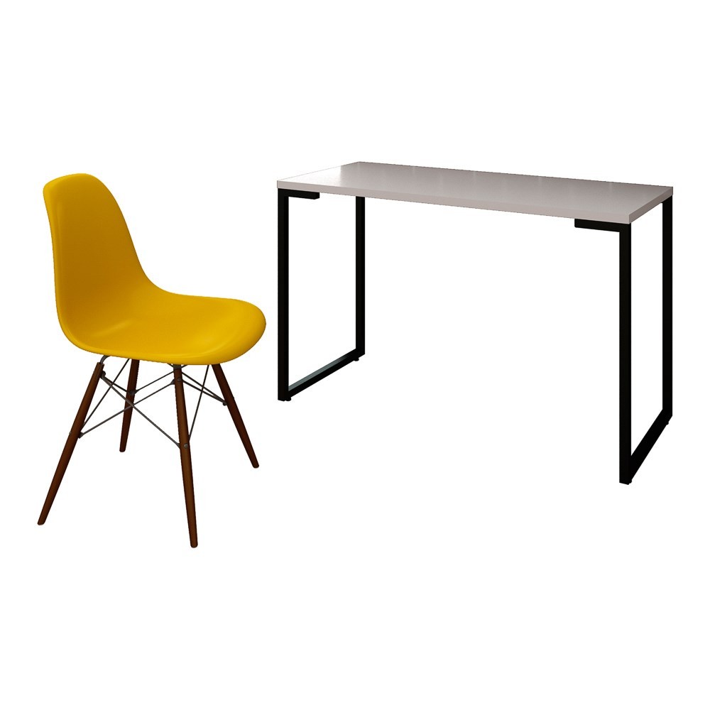 Mesa Escrivaninha Fit Industrial 120cm Branco e Cadeira Charles Design FT1 Amarela - Mpozenato