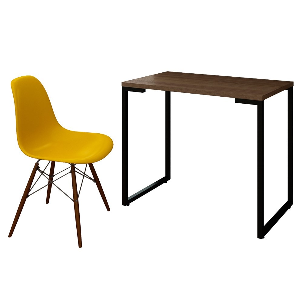 Mesa Escrivaninha Fit Industrial 90cm Castanho e Cadeira Charles Design Amarela - Mpozenato