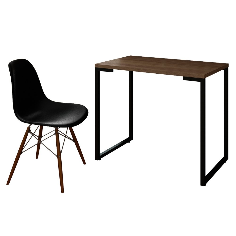 Mesa Escrivaninha Fit Industrial 90cm Castanho e Cadeira Charles Design FT1 Preta - Mpozenato