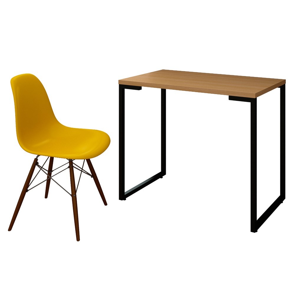 Mesa Escrivaninha Fit Industrial 90cm Natura e Cadeira Charles Design FT1 Amarela - Mpozenato