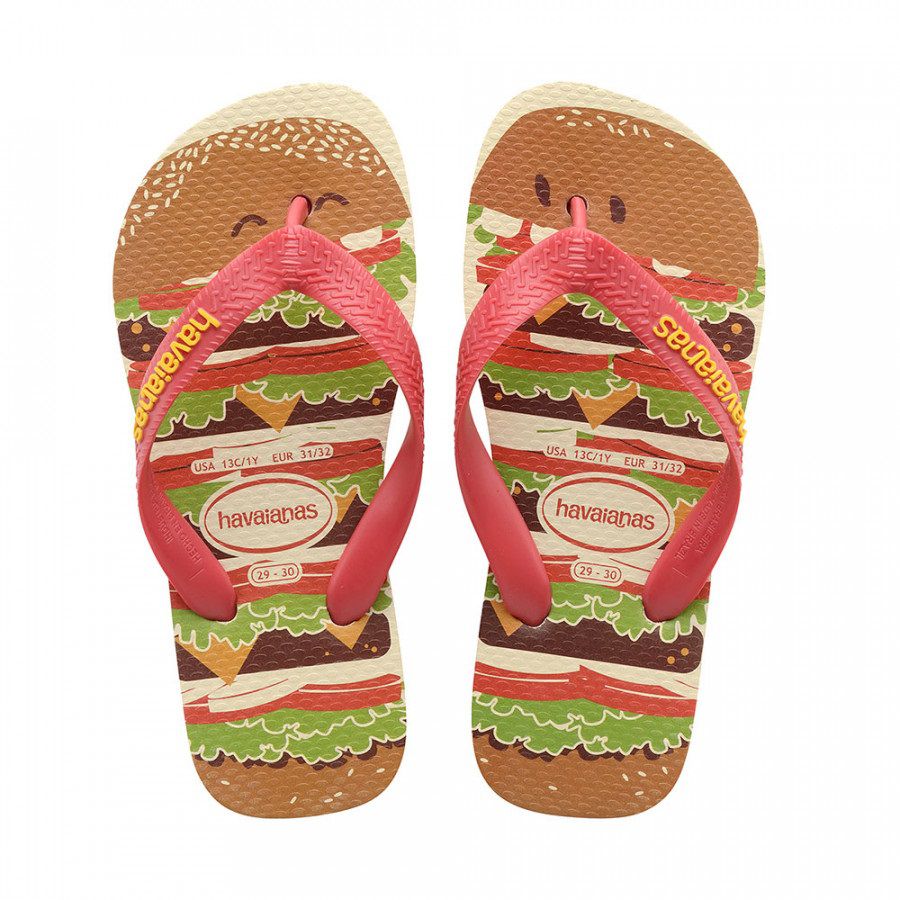 Chinelo Infantil Havaianas Kids Top Fast Food Hamburger Bege Palha e Vermelho