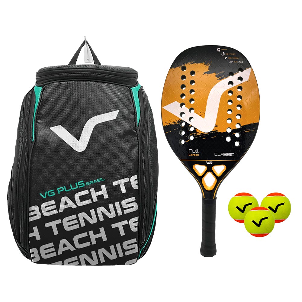 Kit com Raquete Beach Tennis Classic Full Carbon Laranja, 3 Bolas e 1 Mochila de Transporte VG Plus
