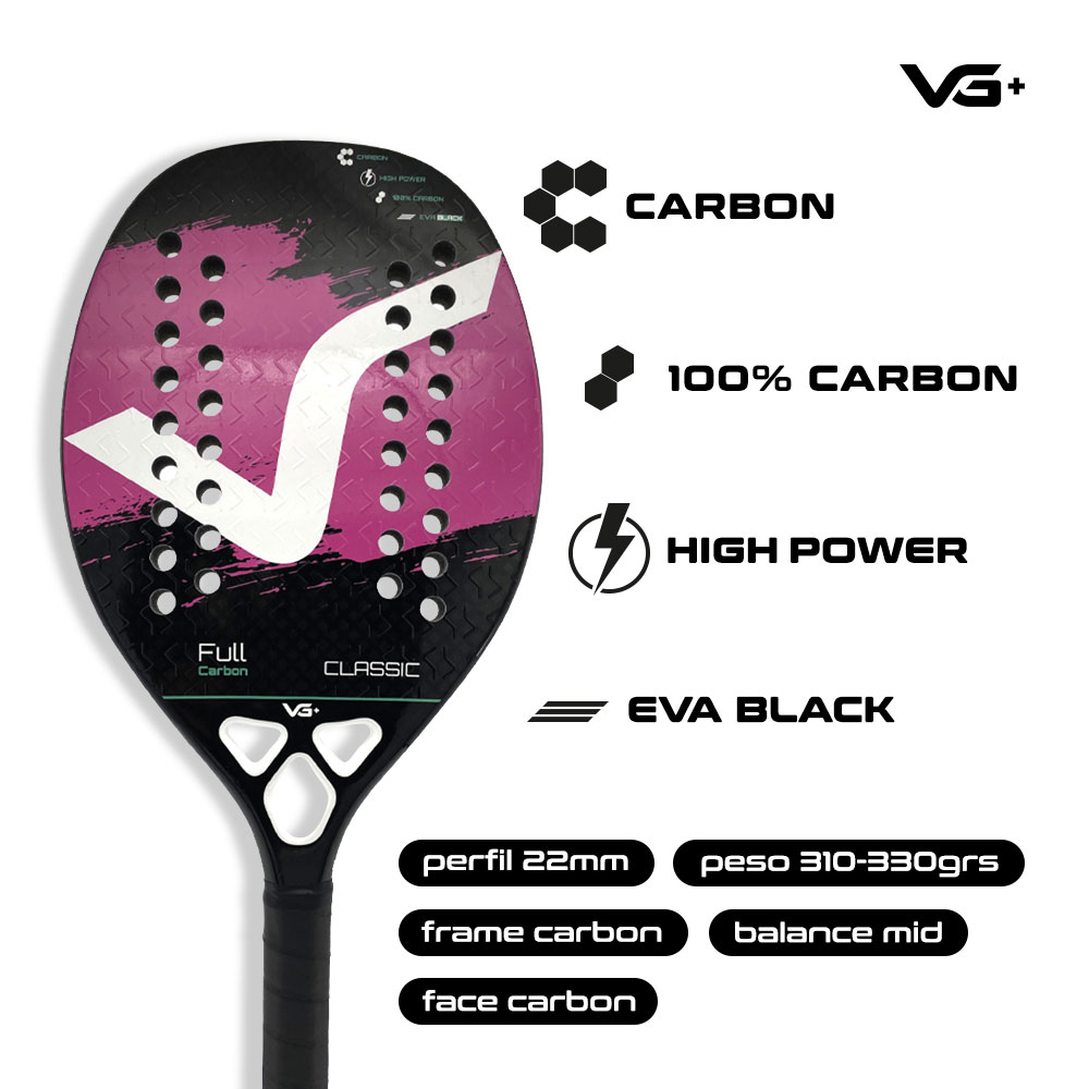 Kit com Raquete Beach Tennis Classic Full Carbon Rosa, 3 Bolas e 1 Mochila de Transporte VG Plus