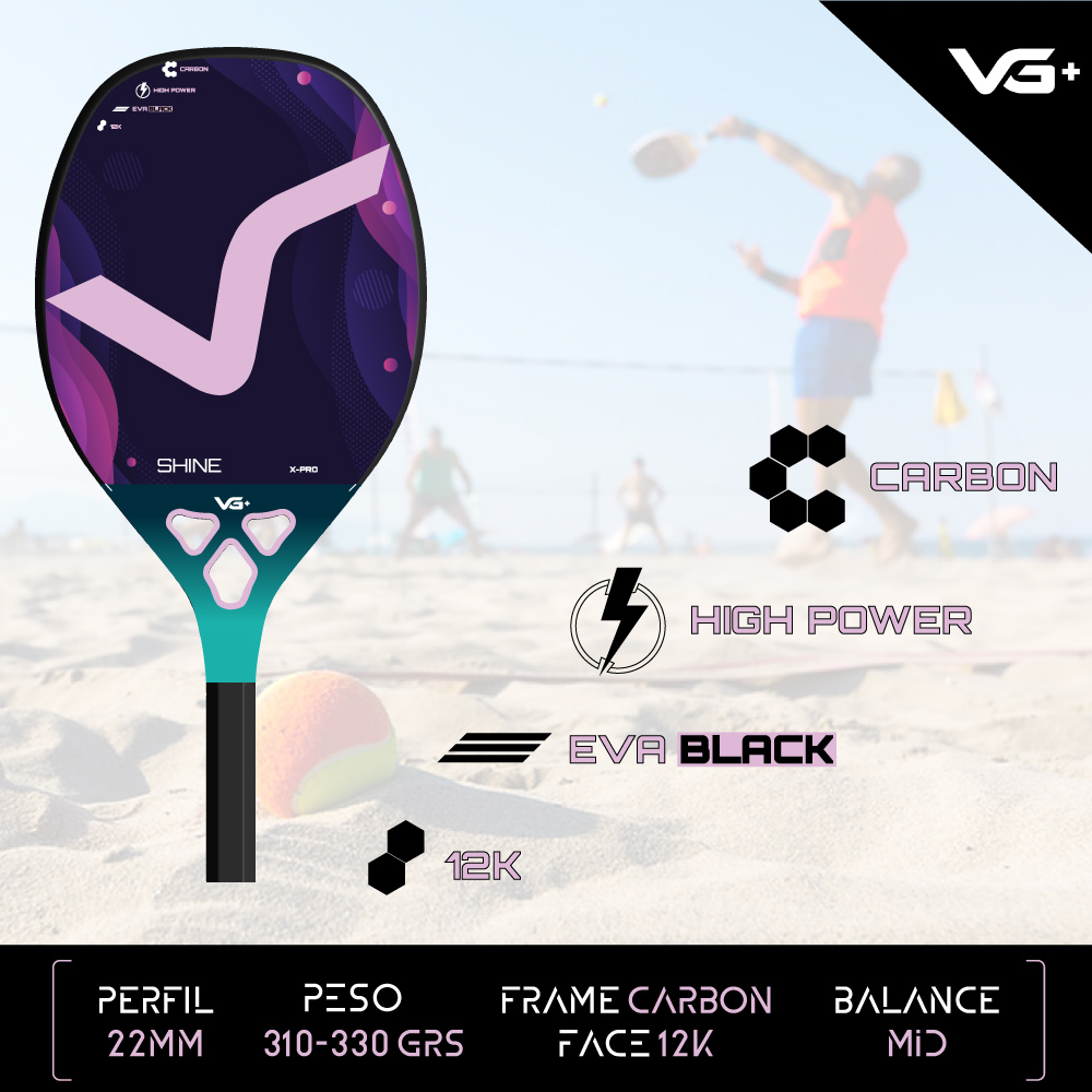 Kit com Raquete de Beach Tennis Shine 12 K Carbon com 3 Bolas e Bolsa de Transporte VG Plus