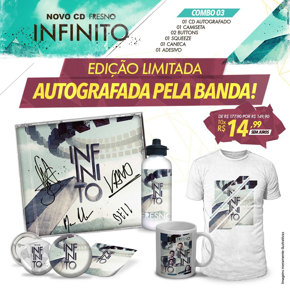 Combo Fresno Infinito - CD Autografado + Button + Adesivo + Camiseta + Squeeze + Caneca Branca