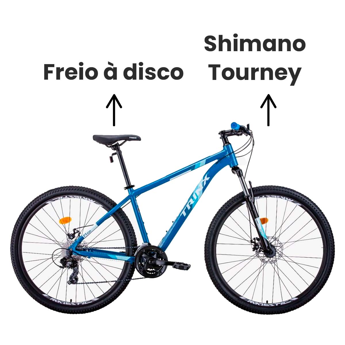Bicicleta Trinx M100 Max Aro 29 Shimano Tourney 24 Velocidades Freio a Disco Azul e Branca