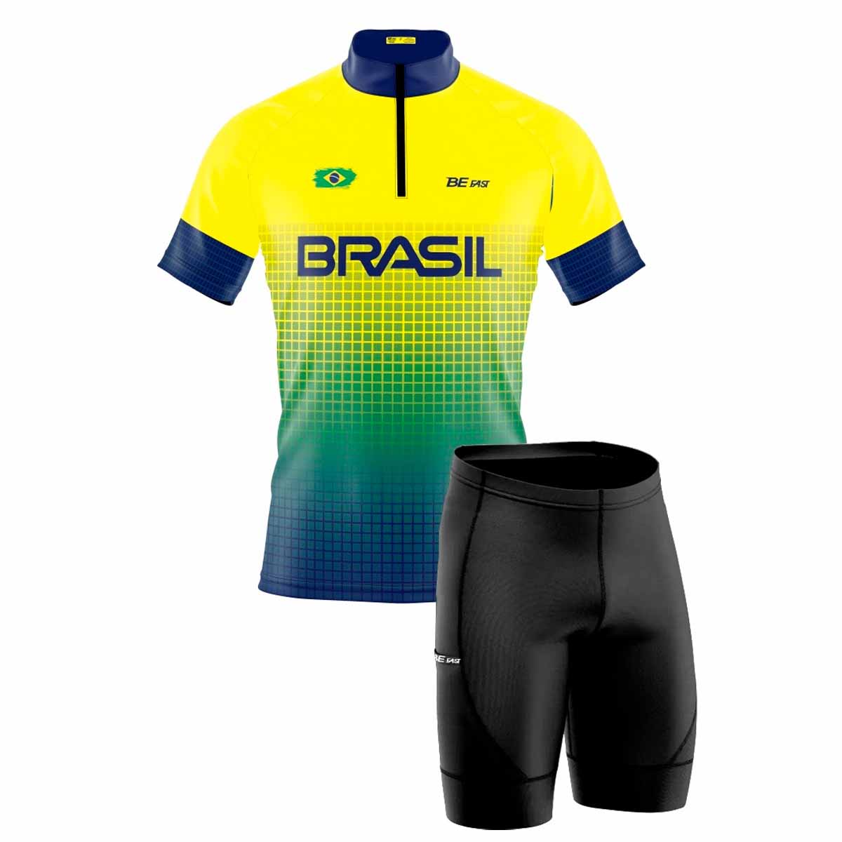 Conjunto Camisa e Bermuda Ciclismo Quadriculada Amarelo e Verde