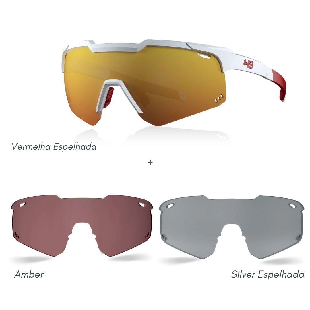 Kit Oculos Para Ciclismo HB Shield Evo Road Pearled White Lente Espelhada Vermelha+Lente Extra Amber E Silver Espelhada