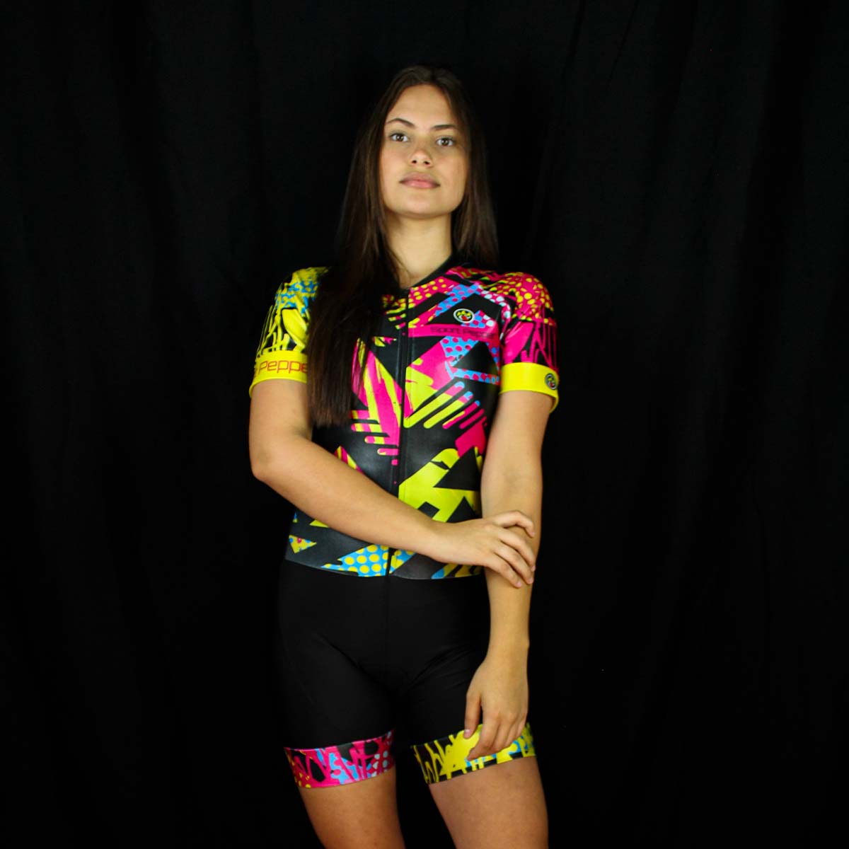 Macaquinho Sport Pepper Feminino Serrano Preto Amarela e Rosa com Forro em Gel Ciclismo 22