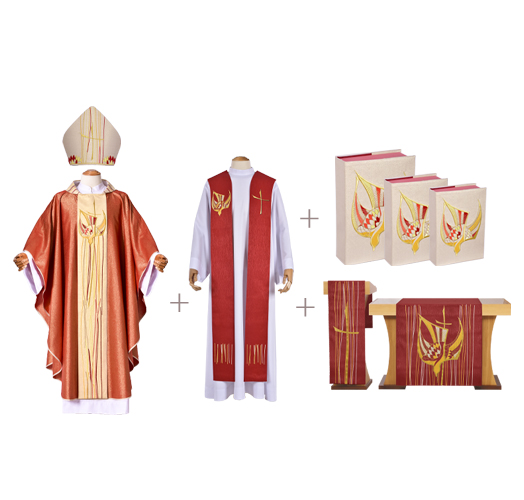 Coleção Pentecostes com Casula, Estola Sacerdotal, Mitra, Véus de Altar e Capas de Livros