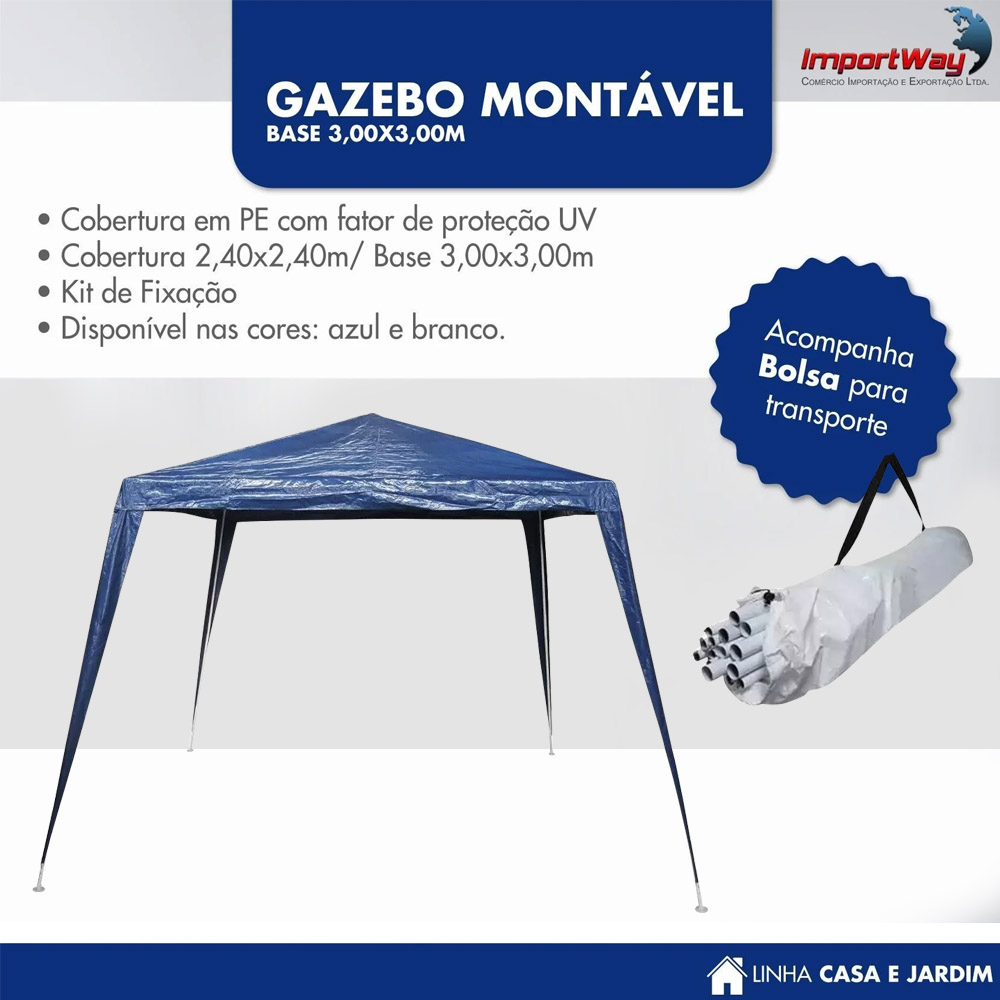 Tenda Gazebo 2,4x2,4m Montável Importway Azul IWGZM240AZ