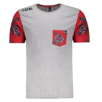 Camiseta Fatal Estampada Cinza Mescla e Vermelho