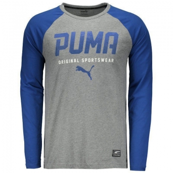 Camiseta Puma Style Tec Baseball Manga Longa Cinza e Azul