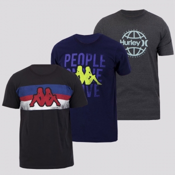 Kit 3 Camisetas Kappa Preta + Marinho e Hurley Worldwide Cinza