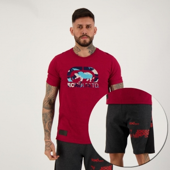Kit Ecko Bermuda e Camiseta Basic Preta e Vermelha