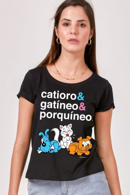 Camiseta Feminina Turma da Mônica Catioro e Gatíneo e Porquíneo