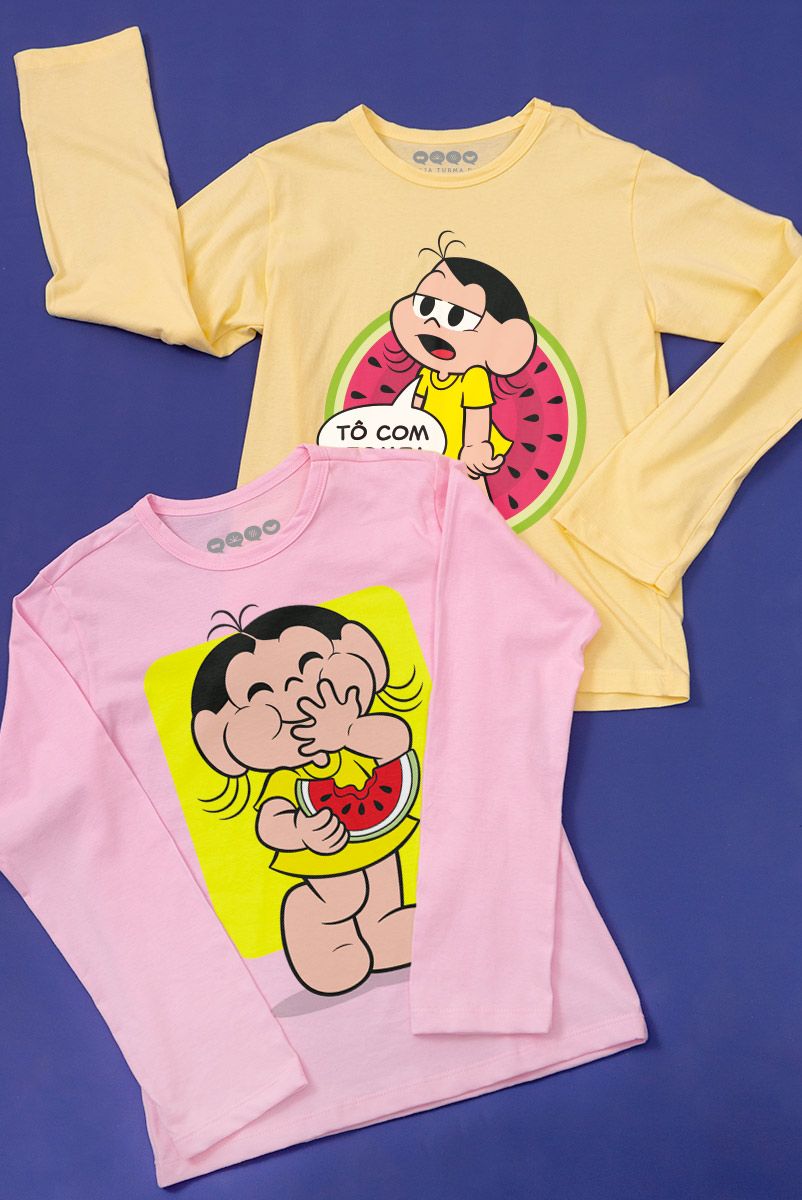 Combo 2 Camisetas Infantis de Manga Longa Turma da Mônica Magali comendo Melancia + Tô com Fome