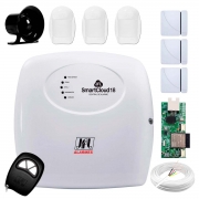 Central Alarme JFL SmartCloud 18 com 18 zonas + 3 Sensores Magnético Sem Fio + 3 Sensores de Alarme Infravermelho + Módulo Ethernet e Wi-Fi JFL ME-05 WB + Cabo 4 Vias 0,50mm 10m + Sirene