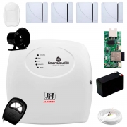 Central Alarme JFL SmartCloud 18 com 18 zonas + 4 Sensores Magnético Sem Fio + 1 Sensor de Alarme Infravermelho + Módulo Ethernet e Wi-Fi JFL ME-05 WB+ Cabo 4 Vias 0,50mm 10m + Bateria + Sirene