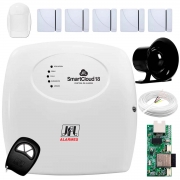 Central Alarme JFL SmartCloud 18 com 18 zonas + 5 Sensores Magnético Sem Fio + 1 Sensores de Alarme Infravermelho + Módulo Ethernet e Wi-Fi JFL ME-05 WB + Cabo 4 Vias 0,50mm 10m + Sirene