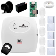 Central Alarme JFL SmartCloud 18 com 18 zonas + 5 Sensores Magnético Sem Fio + 5 Sensores de Alarme Infravermelho +  Módulo Ethernet e Wi-Fi JFL ME-05 WB + Cabo 4 Vias 0,50mm 10m + Bateria + Sirene