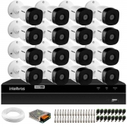 Kit 16 Câmeras Intelbras VHD 1015 Bullet HD 720p Lente 3.6mm Visão Noturna 15M Proteção IP67 + DVR Intelbras MHDX 1216 16 Canais Multi HD