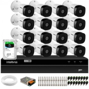 Kit 16 Câmeras Intelbras VHD 1015 Bullet HD 720p Lente 3.6mm Visão Noturna 15M Proteção IP67 + DVR Intelbras MHDX 1216 16 Canais Multi HD + HD SkyHawk 2TB