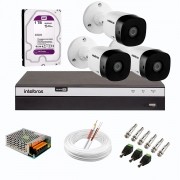 Kit 3 Câmeras de Segurança Full HD 1080p Intelbras VHD 1220B IR + DVR Intelbras Full HD 4 Ch + HD WD Purple 1TB + Acessórios
