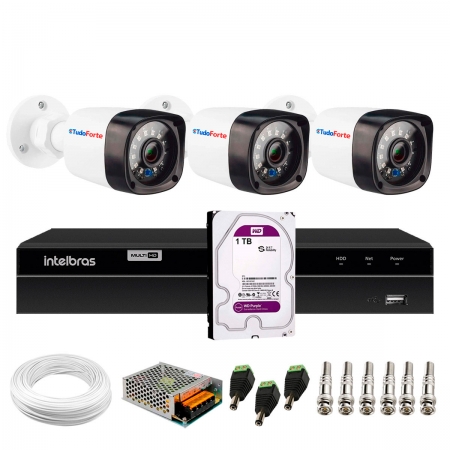 Kit 3 Câmeras de Segurança Full HD 1080p Lite 20 Metros Infravermelho + DVR Intelbras + HD + Cabos e Acessórios