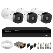 Kit 3 Câmeras Bullet de Segurança VHD 1010 B Infra + DVR Gravador de Video Inteligente Intelbras MHDX 1204 4 Canais H.265+